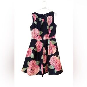 Jessica Howard Navy Pink Floral Taffeta Midi Fit & Flare Dress - Size 10
